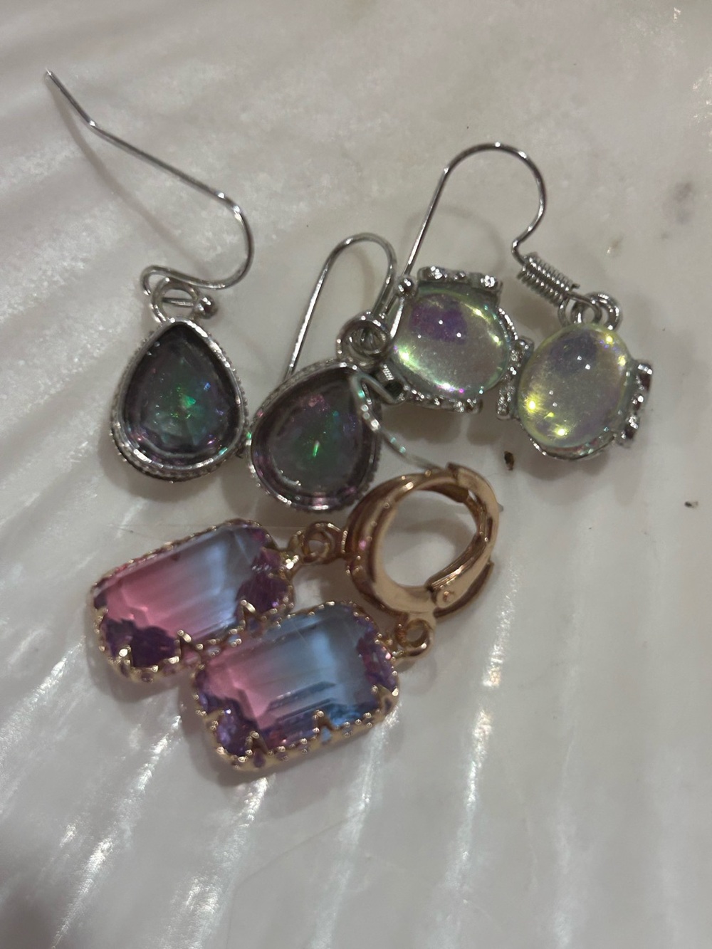 Lot of Three Rainbow Pink-Blue  Yellow Gradient Glass Drop Earrings -